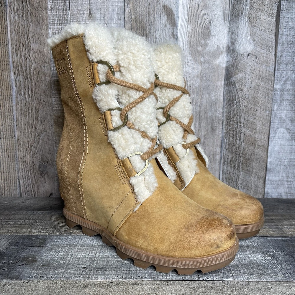 Womens Sorel Joan Of Arctic II Shearling Tan Suede Wedge Ankle Boots Size 7 M